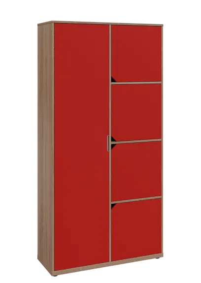 KSR6-82 L skříň šatní, 1x výsuvné ramínko, 4x dvířka, 2053x1022x400 mm, provedení levé, dub bardolino/červená